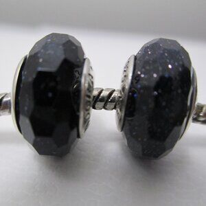 Set of 2 Fascinating Black Shimmer Pandora Murano Glass Charms Faceted Bead DEAL
